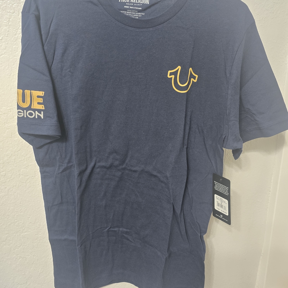 True Religion Men's Dark Blue Tee with Yellow Accents